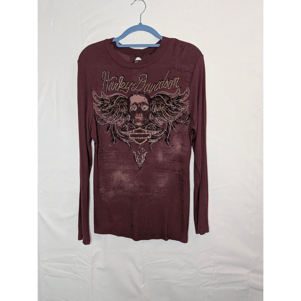 Harley-Davidson Womens Burgundy Rhinestone Winged Skull Lace Up Back L/S Shirt - Picture 2 of 15